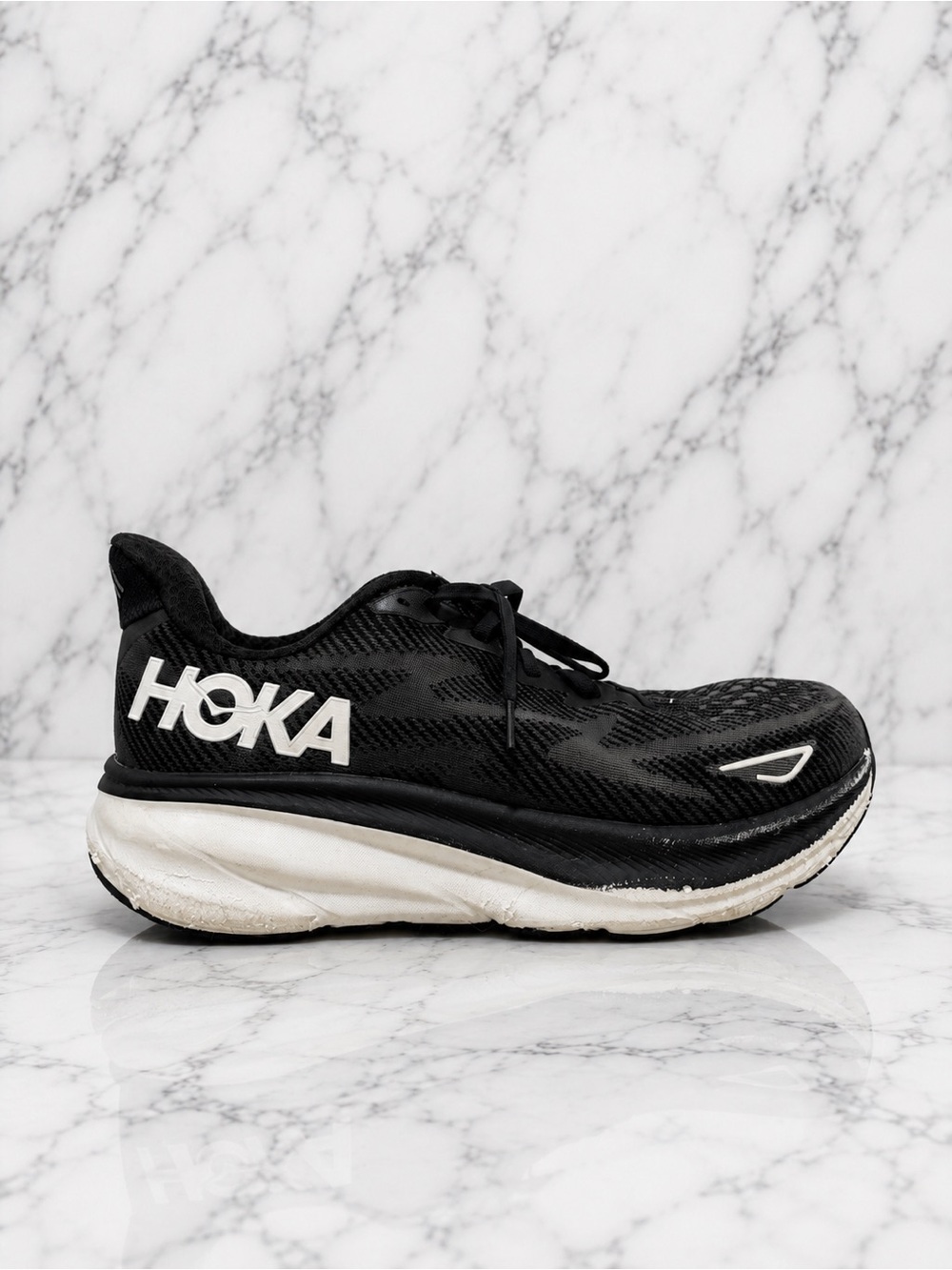 HOKA Clifton 9 Black White Size 10D Running Shoes
